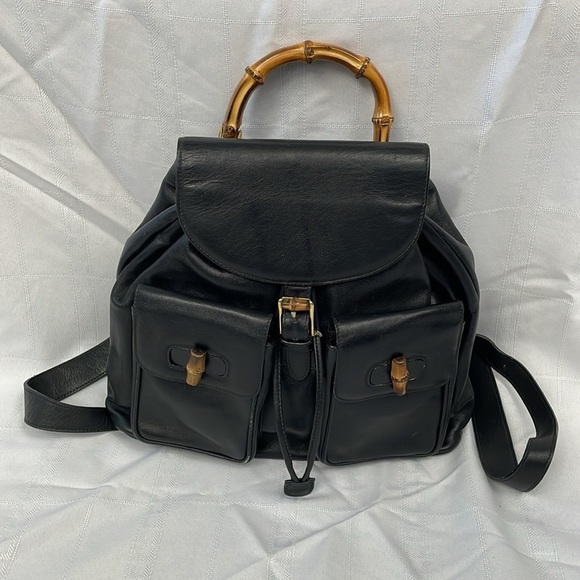 Gucci Leather Bamboo Backpack Black Designer Luxury Rucksack Twin Pocket - Picture 1 of 17